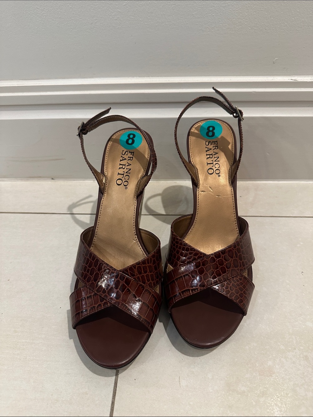 Franco Sarto Dark Brown Croc-Embossed Slingback Heels